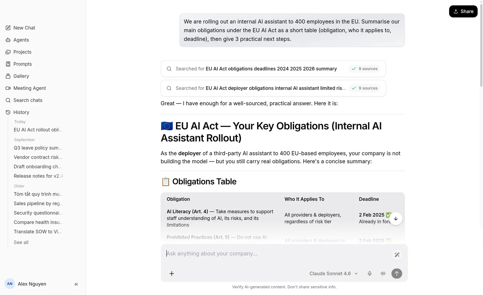 Holie chat answering an EU AI Act question with web sources and a table